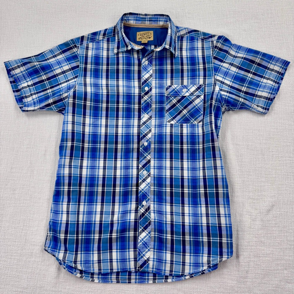 Cremieux‎ Mens L Blue White Plaid Cotton Short Sleeve Button Down Shirt